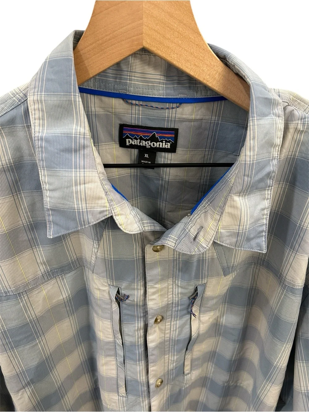Patagonia Long-Sleeved Sun Stretch Shirt Blue Plaid Hiking Fishing Size XL